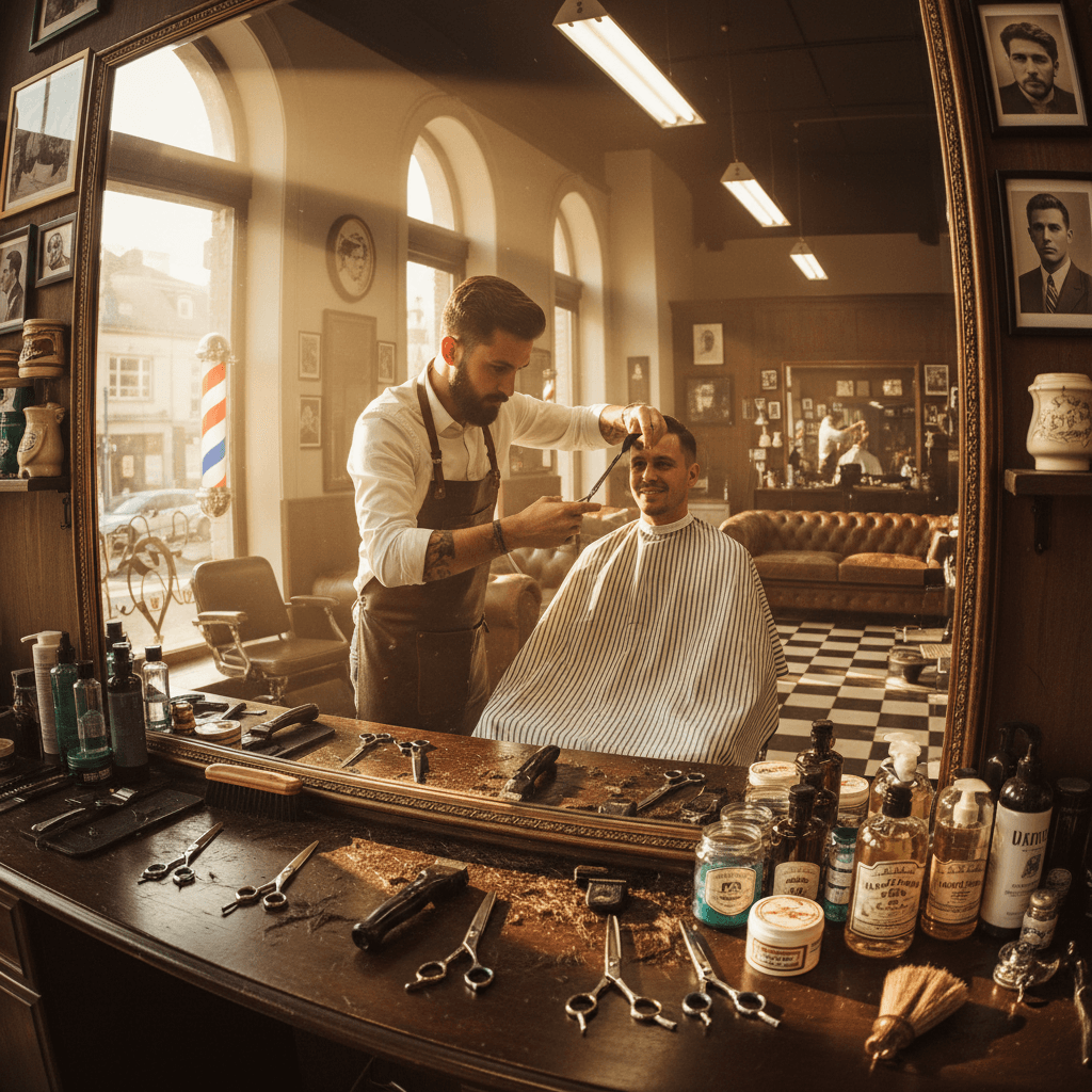 Barber giving a precise haircut to a male client in a classic barbershop