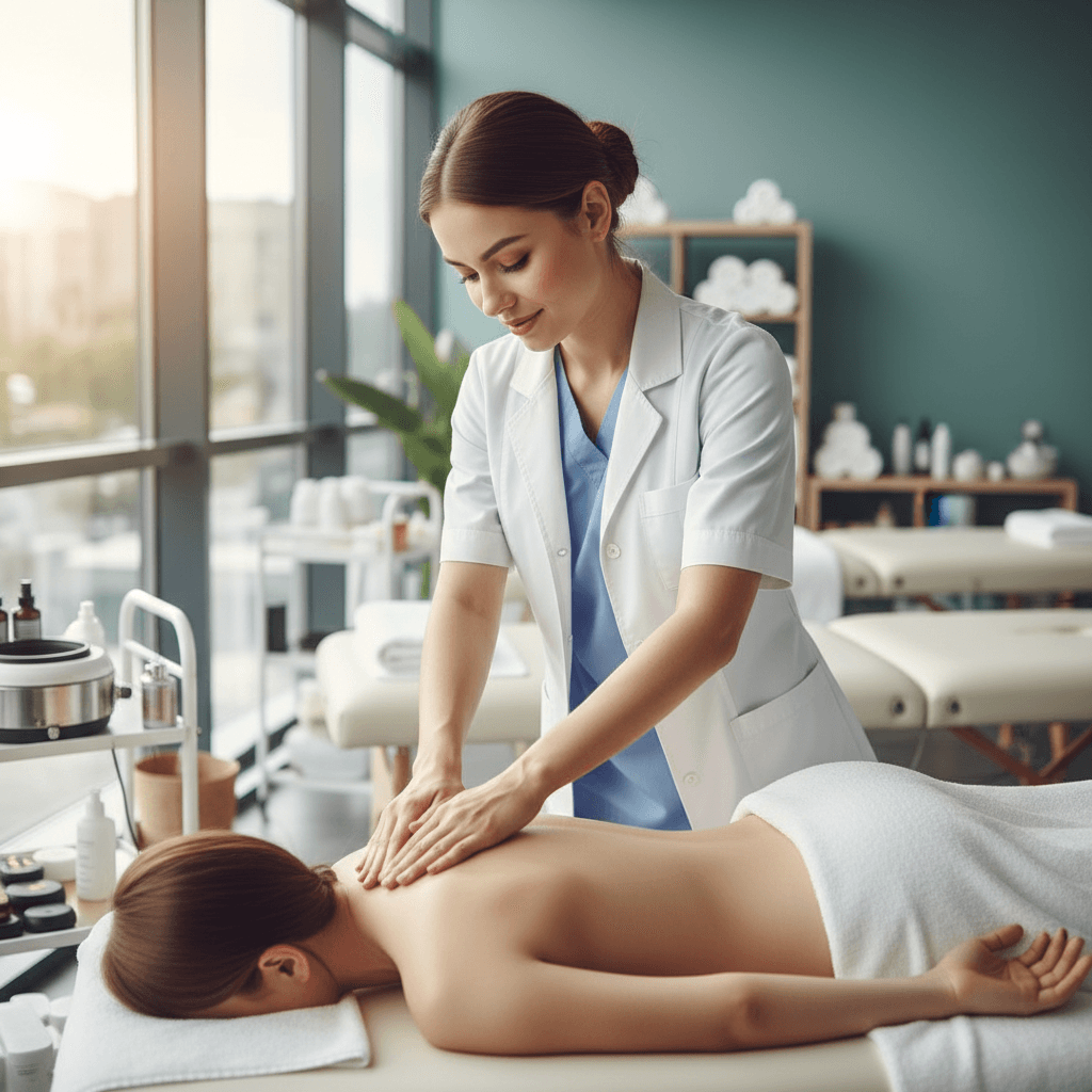 Massage therapist performing a relaxing back massage on a client