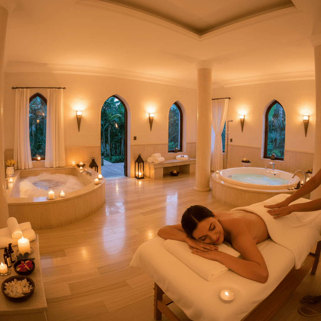 Peaceful spa treatment room with candles and massage table