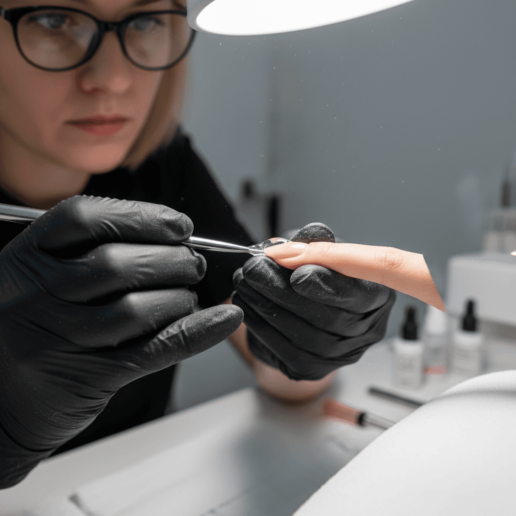 Nail technician applying colorful nail art to a client's fingernails