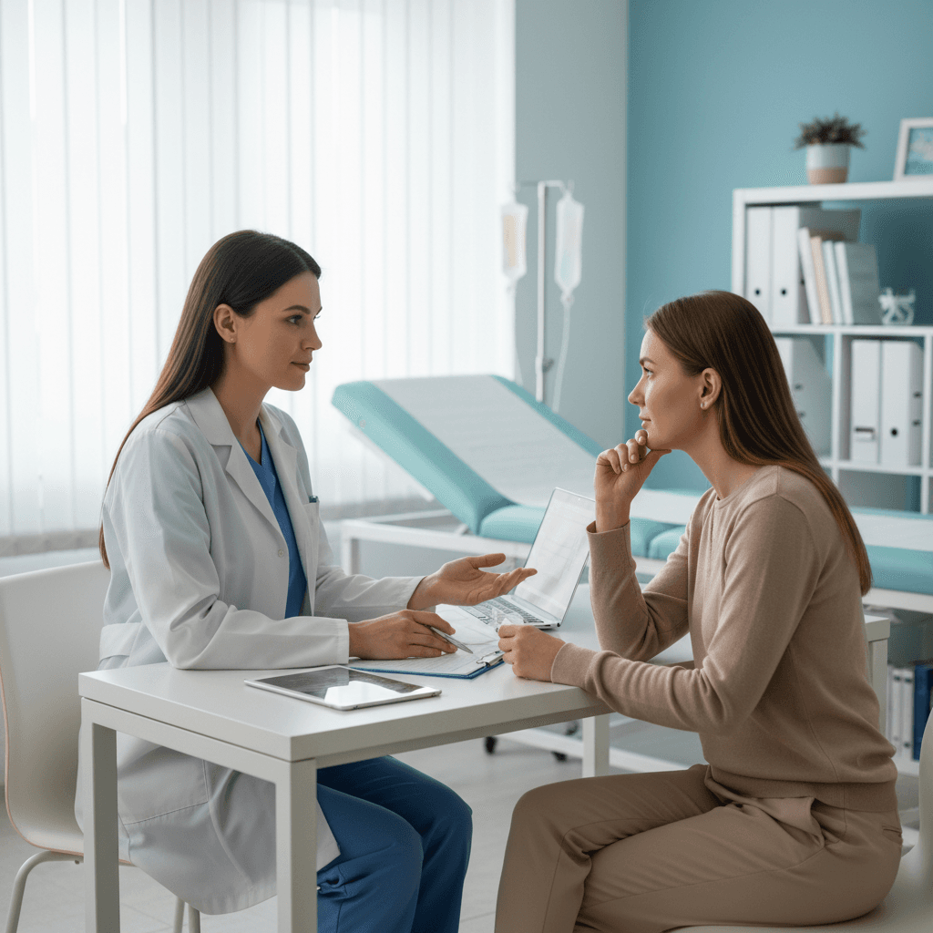Doctor in white coat consulting with a patient in a medical office