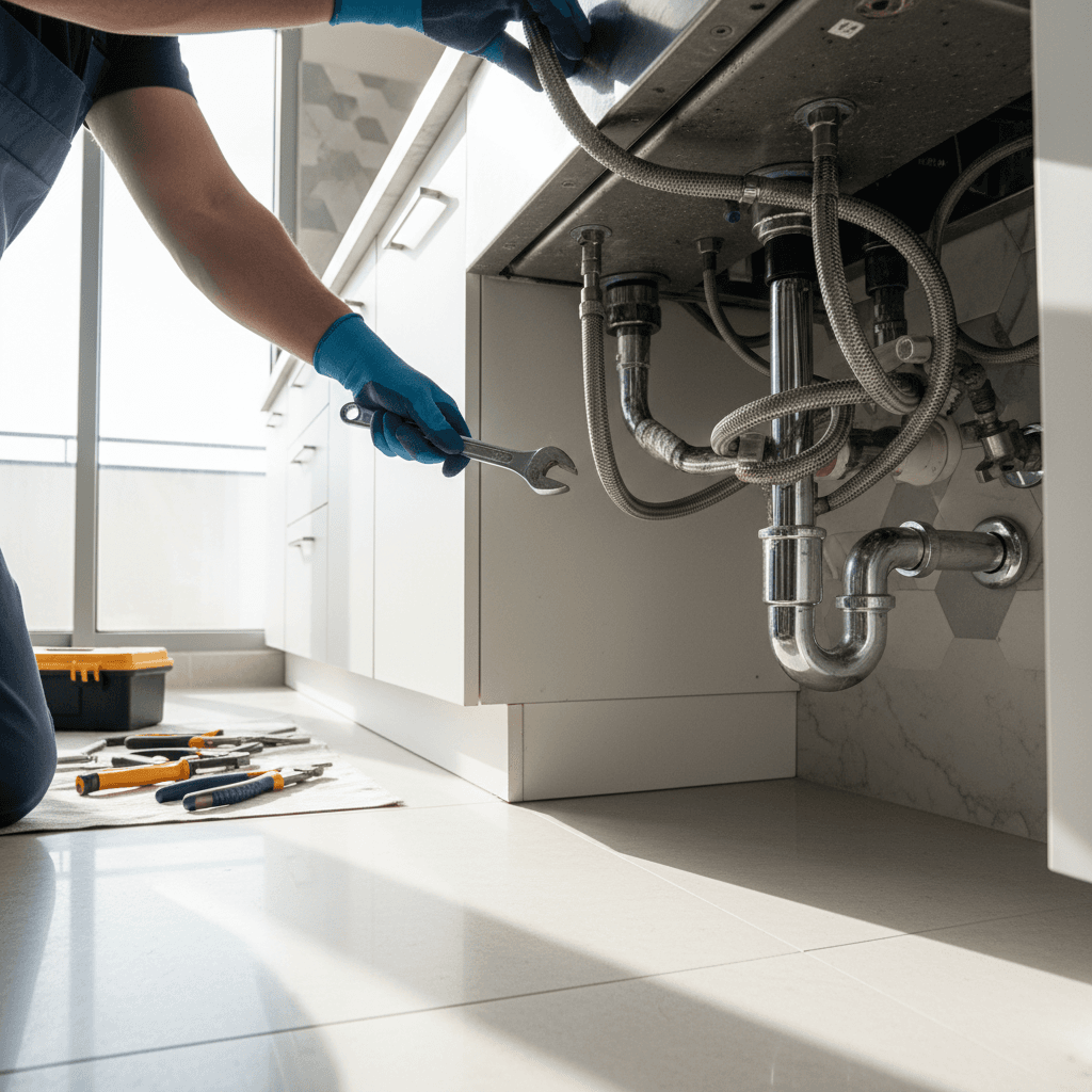 Plumber fixing pipes under a sink with professional tools