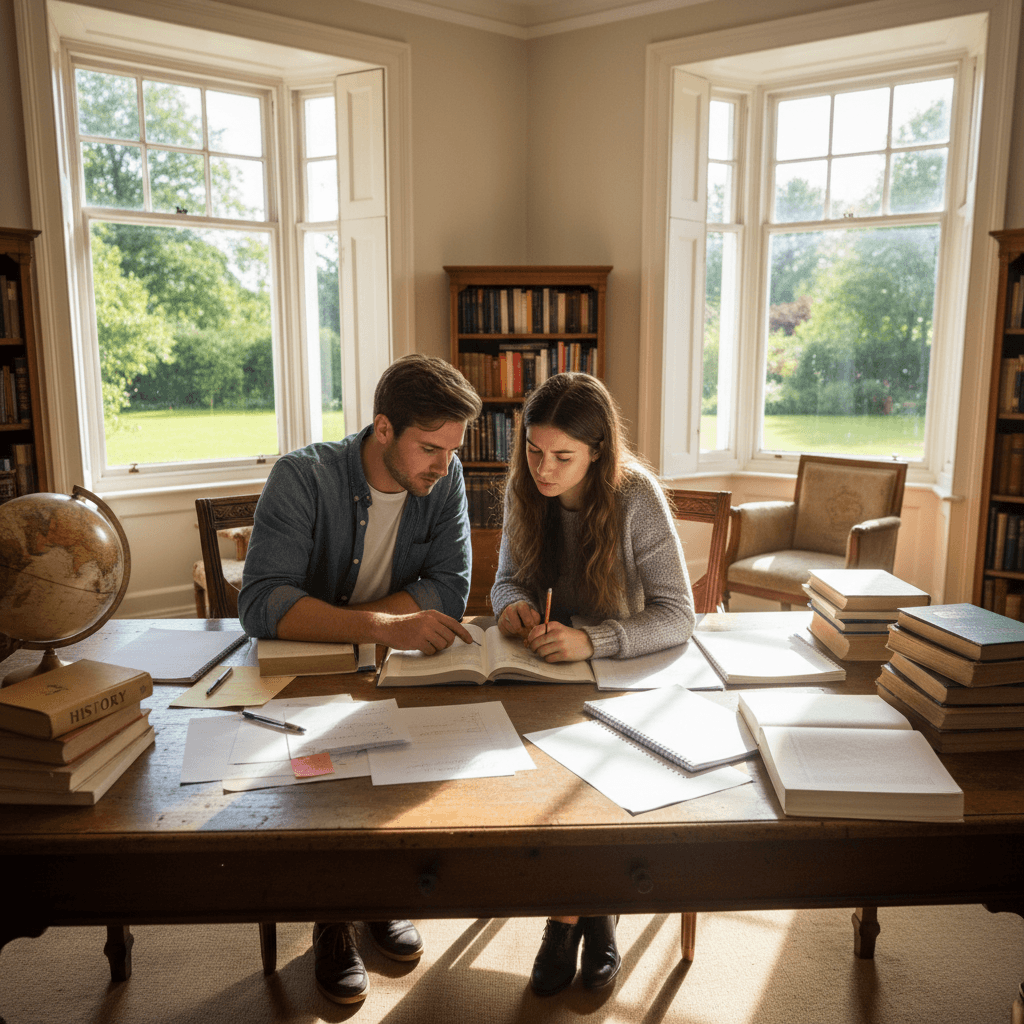 Tutor helping a student with books and notes at a desk
