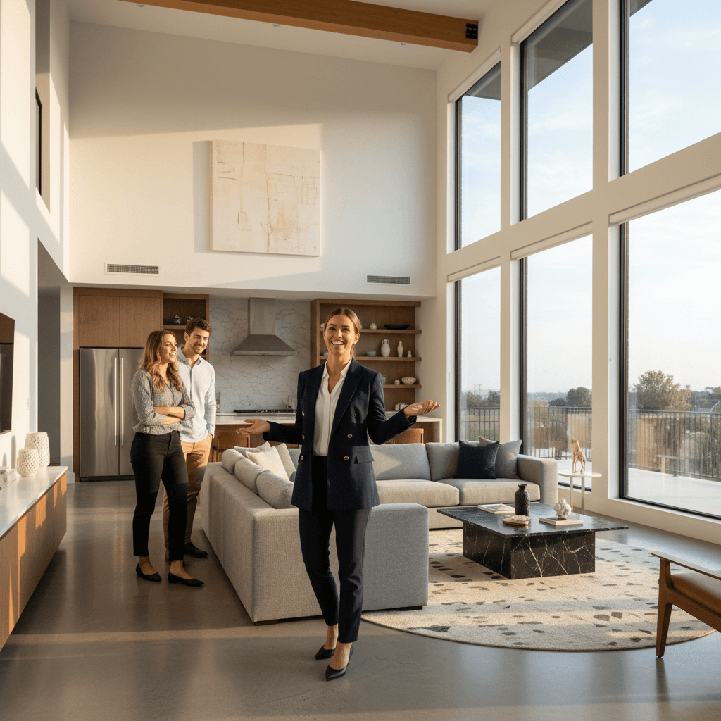 Real estate agent showing a modern house to potential buyers