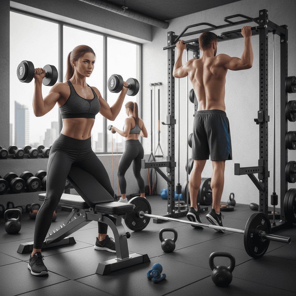 People working out in a modern gym with fitness equipment